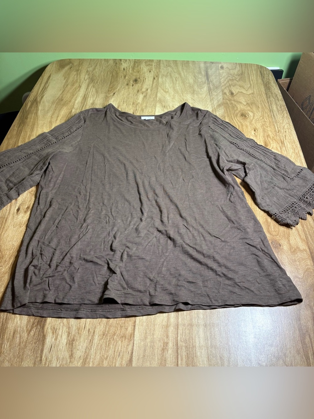 J Jill Light Brown Grey Lace Trim Pleated Sleeve Tee Top Womens Size XL